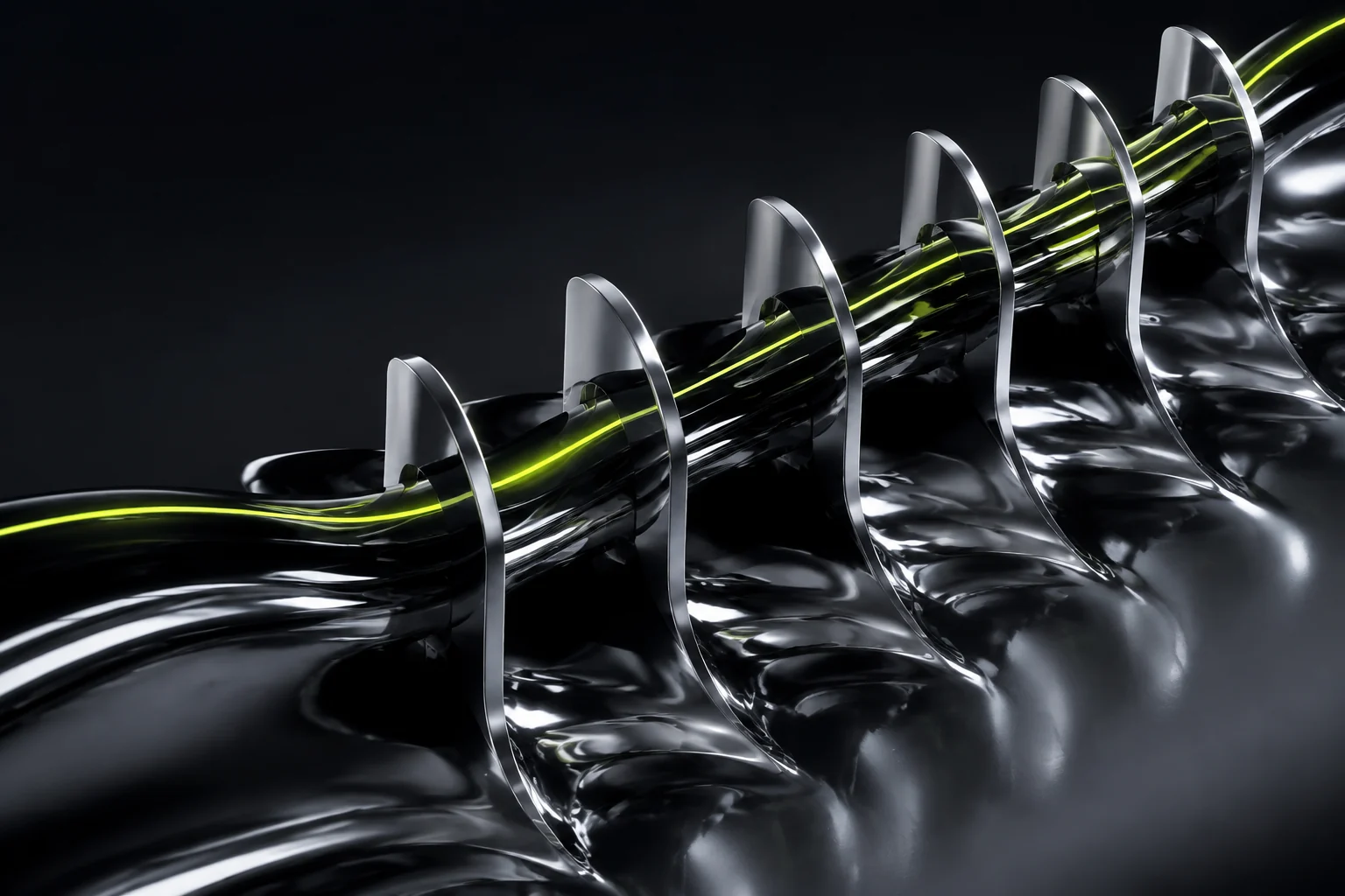 Liquid chrome weaving through polished silver fins with a bright citron edge