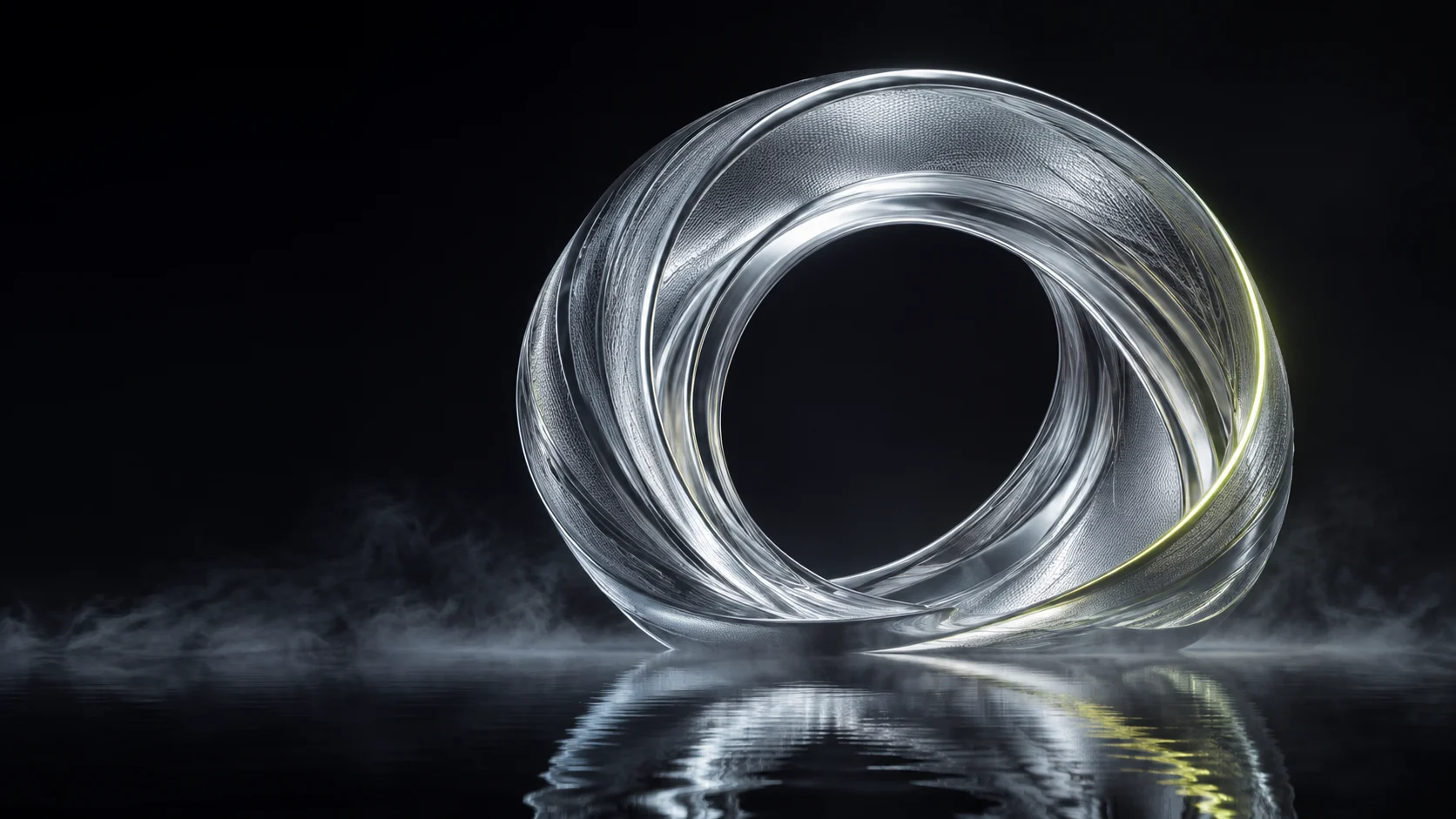 A luminous folded glass portal reflected in black water